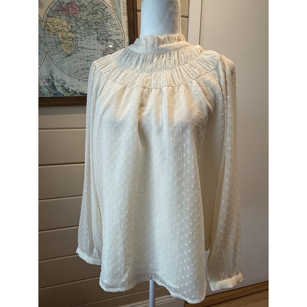 LOFT Blouse Swiss Dot Pleated Ruffle High Neck Ivory Polyester Medium Top